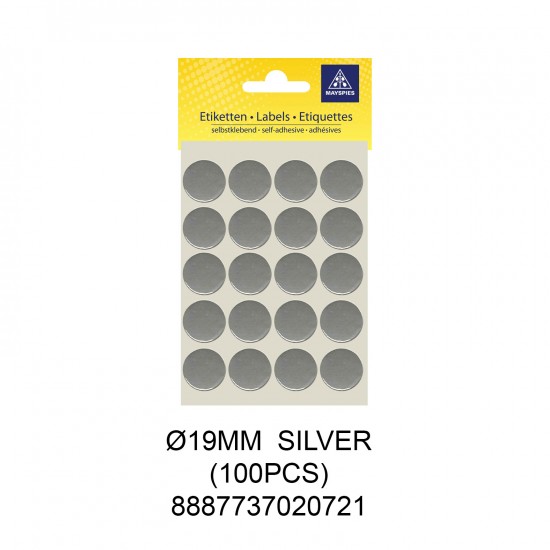 MAYSPIES MS019 COLOUR DOT LABEL / 5 SHEETS/PKT / 100PCS / ROUND 19MM SILVER